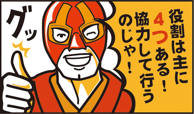 主に4つの役割がある。協力して行うのじゃ!